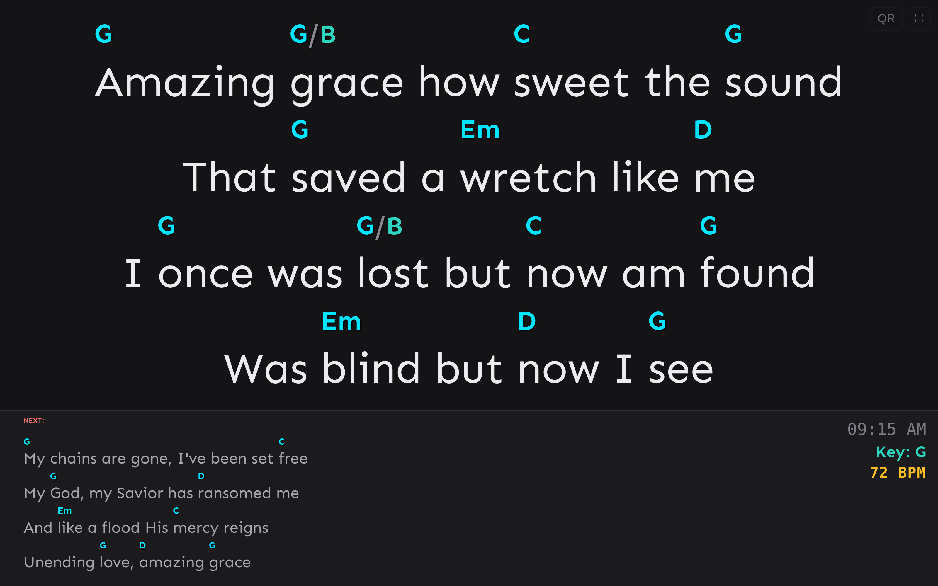 Stage view — chords and next section